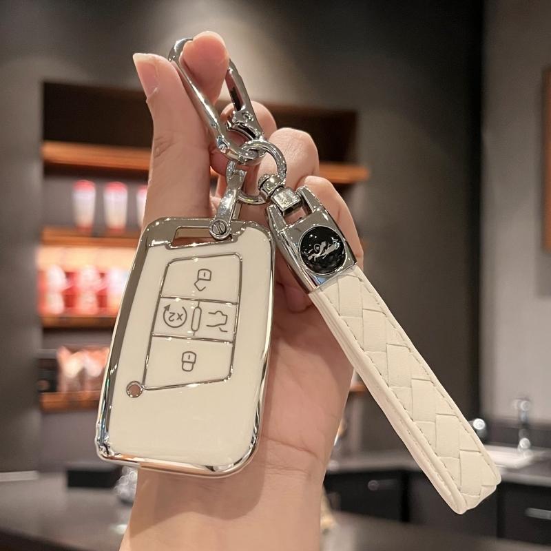 Car Key Case Cover Key Holder with Keychain for VW Volkswagen Tiguan Atlas Jetta Passat Golf Alltrack Smart Key
