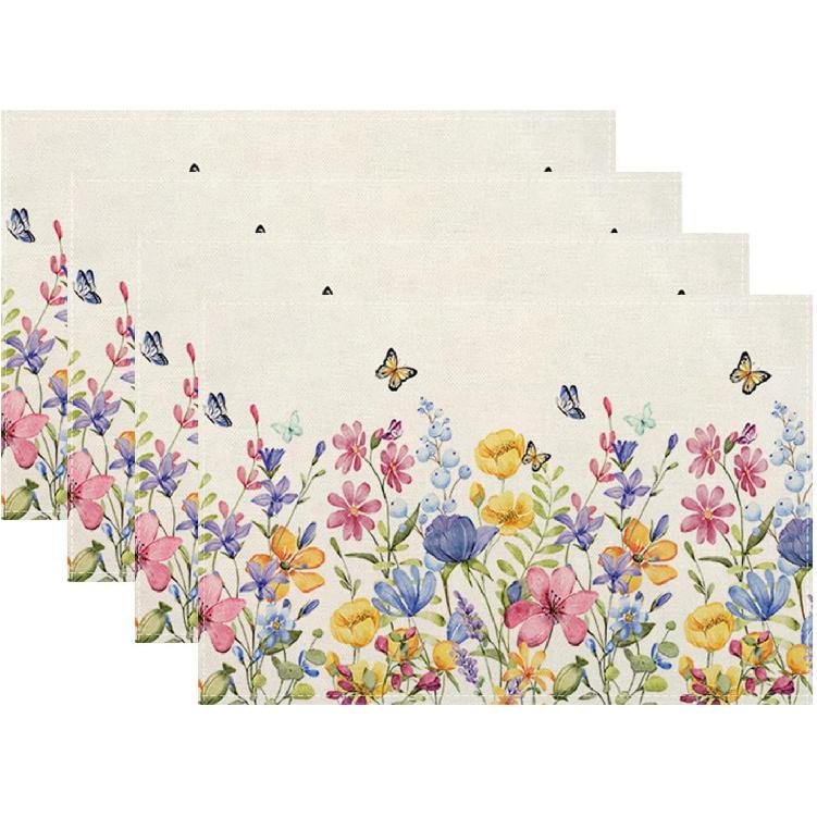 Spring Floral Placemats 12x18 Inches Set of 4 Colorful Flower Butterfly Decorative Rectangle Table Mats Summer Colorful Linen Place mats for Party