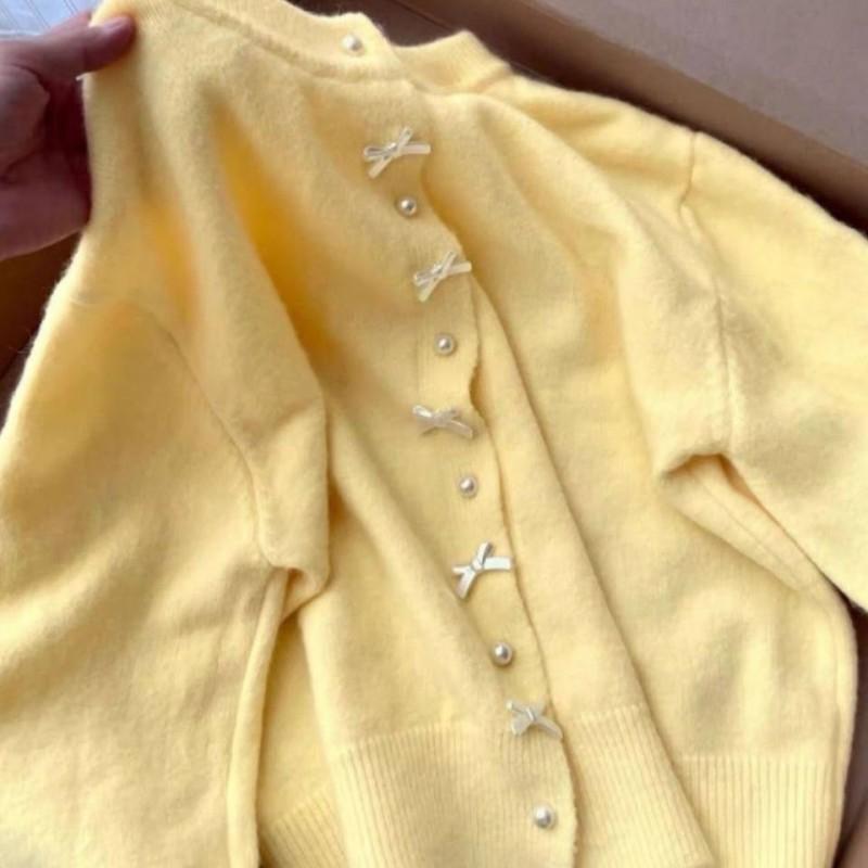 Womens Long Sleeve Knit Cardigan Sweater With Bow Detail Soft Cozy Casual Open Front Top In Solid Color