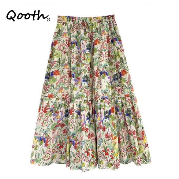 Qooth Retro Damska Spódnica A-line w Kwiaty Szeroki Dół Długość Midi Elastyczna Talia Casualowa Spódnica QT2637