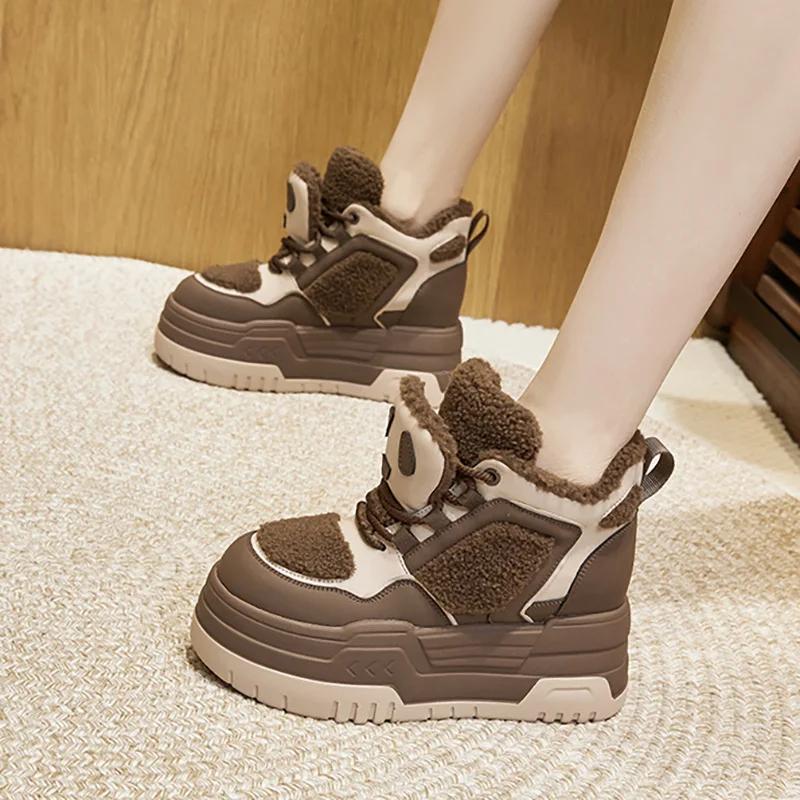 Fashion 8CM Down Leather High Top Women Shoes Warm Winter Chunky Sneakers Platform Boots Ankle Wedge Hidden Heel Autumn