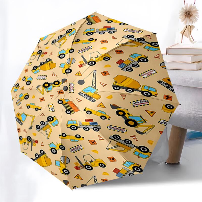 Construction Vehicles Print Automatic Opening Umbrella - Portable Tri-Fold Design with 8-Bone Iron Frame, , Ideal Gift for Fans, Travelers,