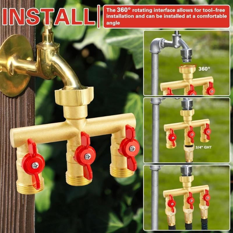 3 Way Garden Hose Splitter Heavy Duty 304 Solid Brasses Water Valves for Outdoor Watering and Irrigation