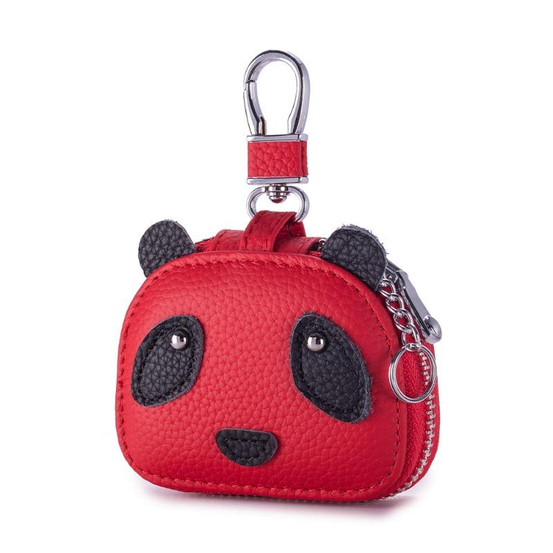Leather compact key bag New panda bluetooth headset protective case First layer cowhide waist hanging universal key bag