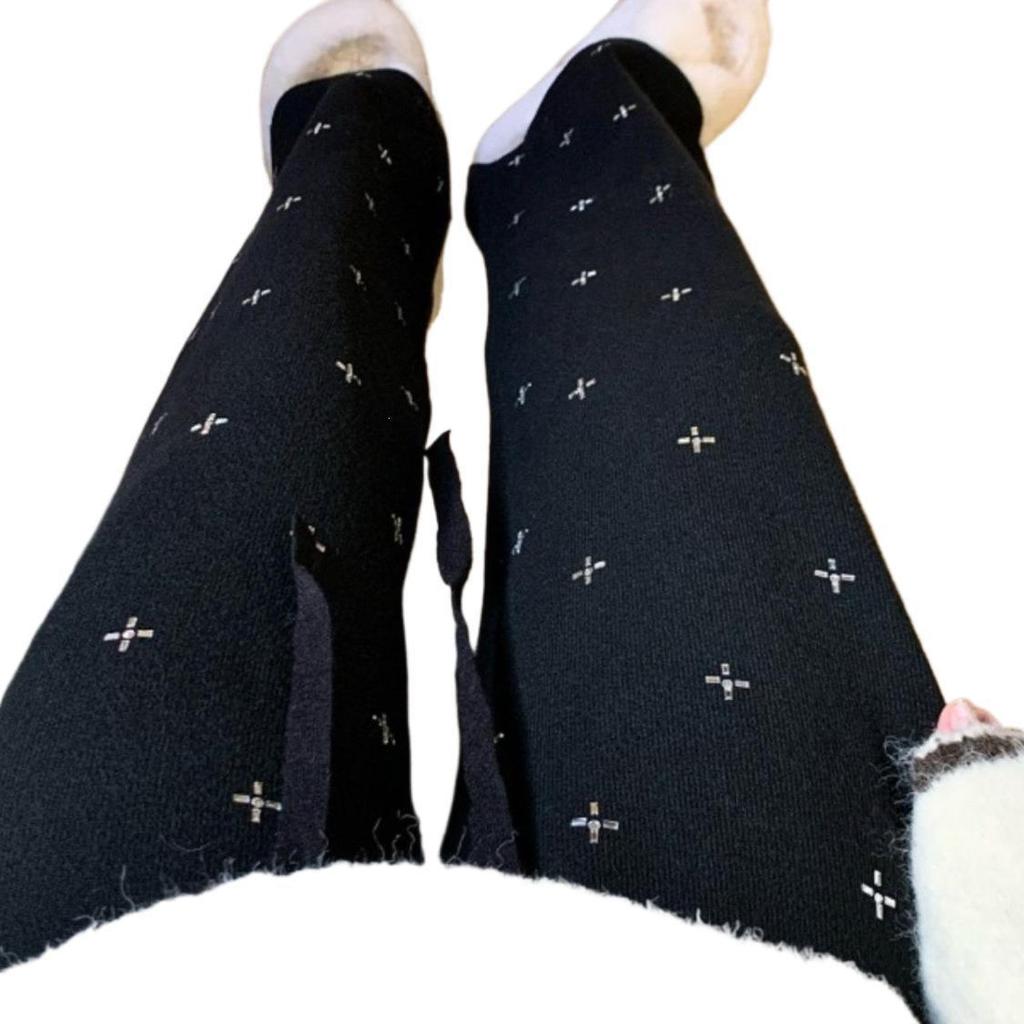Women's High Waist Rhinestone Knit Pants - Autumn/Winter, Soft, Thickened, Loose Fit, Casual, Straight-Leg