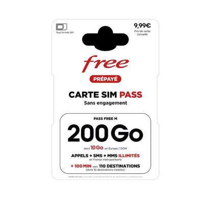 Προπληρωμένη κάρτα SIM - Free - 200 GB - Απεριόριστες Κλήσεις/SMS/MMS - 100 λεπτά διεθνείς - Χωρίς δέσμευση