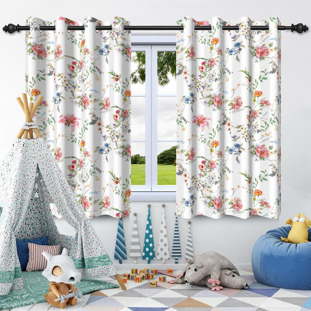 Wildflowers Floral Green Plants Window Curtains Blackout Washable Polyester Fabric Bedroom Living Room Home Decor Curtain 2 Pcs