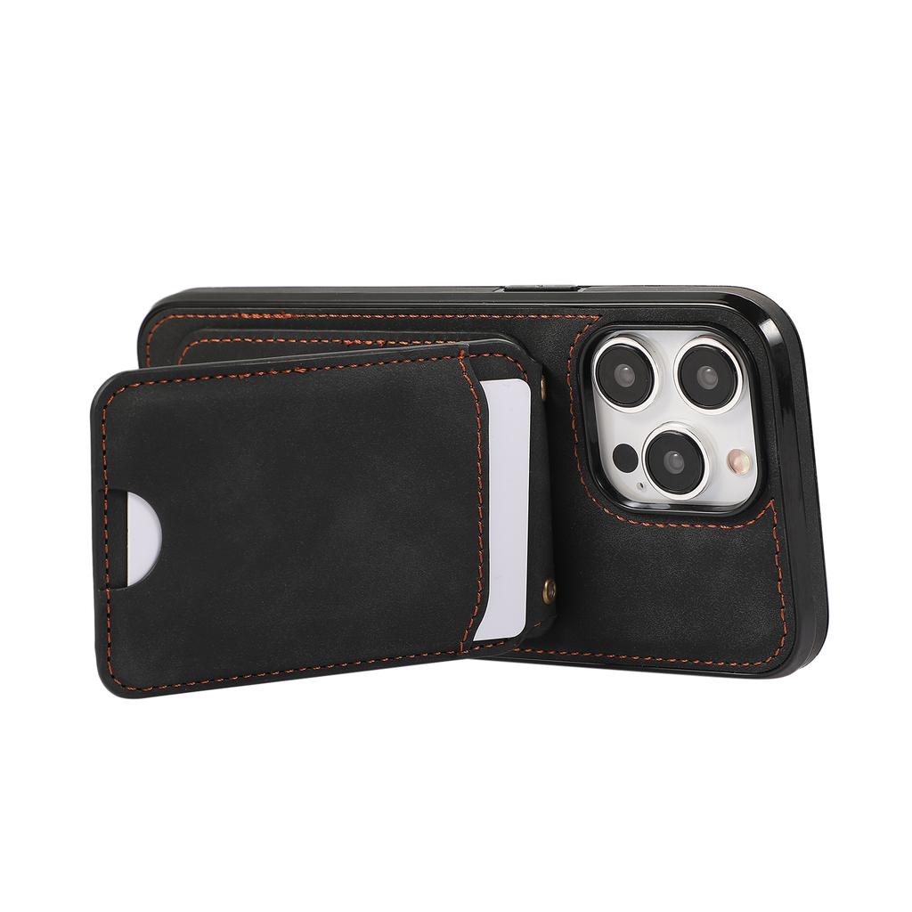 For iPhone 15 Pro Case Card Holder Kickstand Leather + TPU Phone Cover with Shoulder Strap