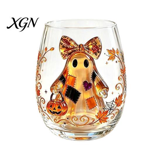 Personalized Daily Use Glassware Stemless Wine Glasses with Marine Animal Pattern, 420ml Capacity, High Borosilicate Halloween Themed Drinking