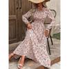 Women's Stand Collar Long Sleeve Maxi Dress Loose Elastic Waist Floral A-Line Sundress Polyester Vacation Dress