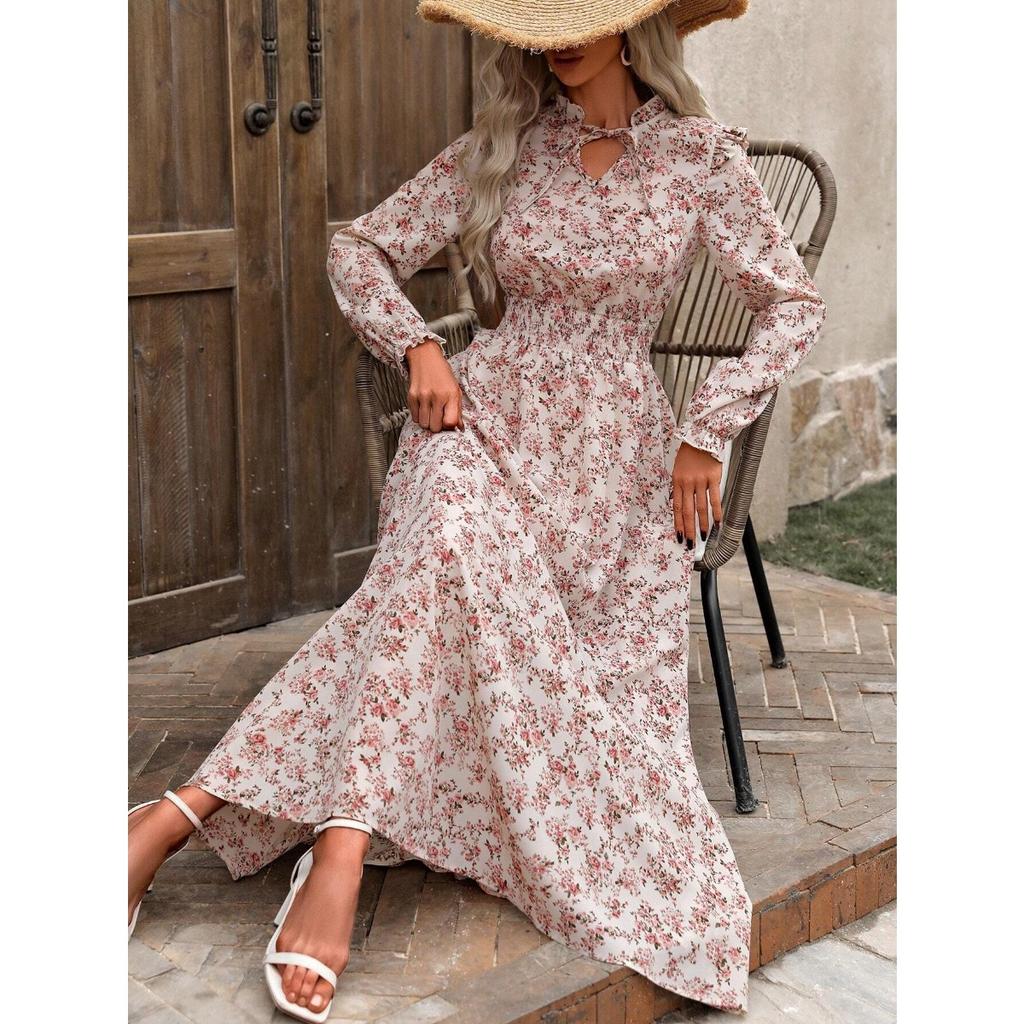 Women's Stand Collar Long Sleeve Maxi Dress Loose Elastic Waist Floral A-Line Sundress Polyester Vacation Dress