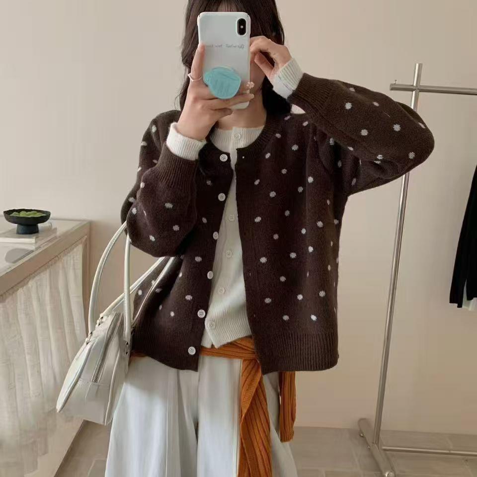 Korean polka dot round neck knitted fake two-piece cardigan women's retro Japanese spring new sweater versatile foreign style jacket