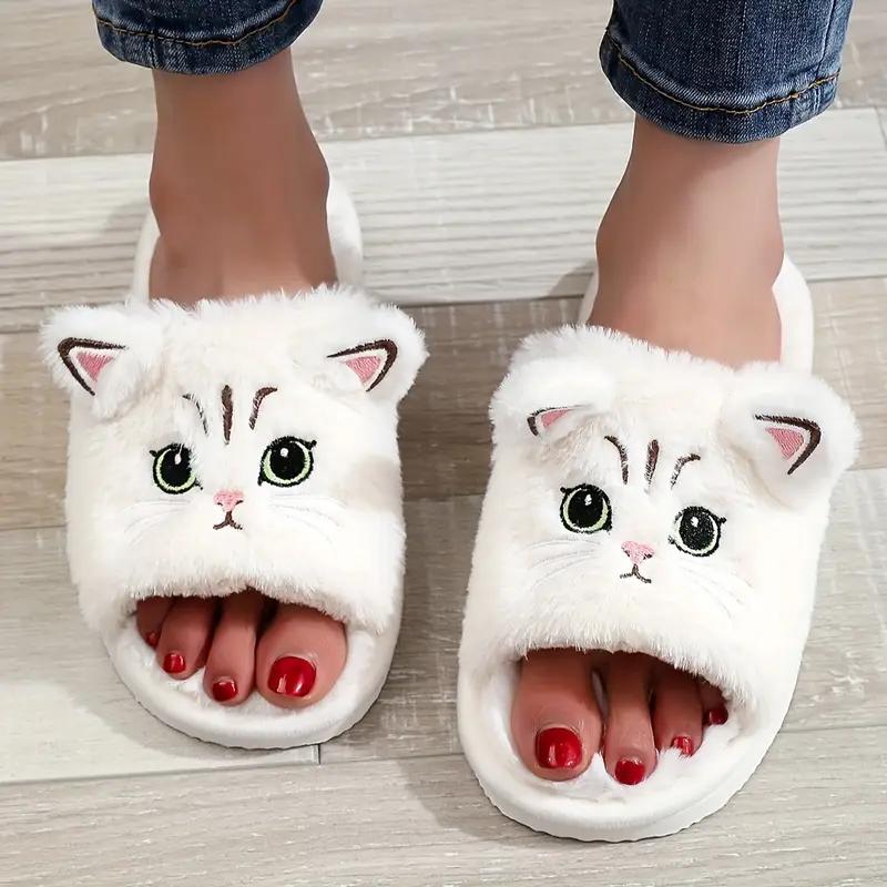 Cozy Black and White Cat Slippers for Women - Soft Fleece, Non-Slip EVA Sole, Home Cotton Slippers
