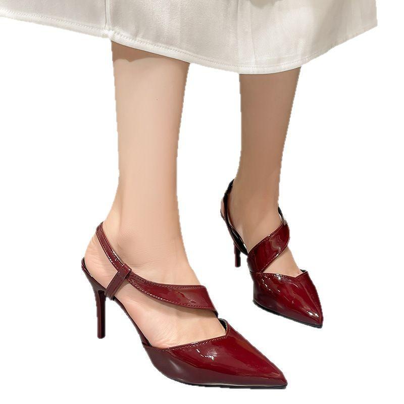 Fashion 2025 Summer New Patent Leather Pointed Toe Sexy Fine Heeled High Heels Red Career Back Hollow Slides Designer Sandalias De Mujer