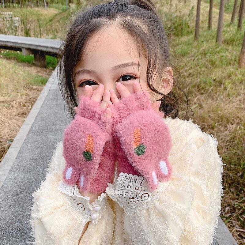 Cute Kids Gloves Winter Warm Faux Fur Knit Boy Girl Children Glove Cartoon Half Finger Flip Cover Outdoor Mittens 3-7Y