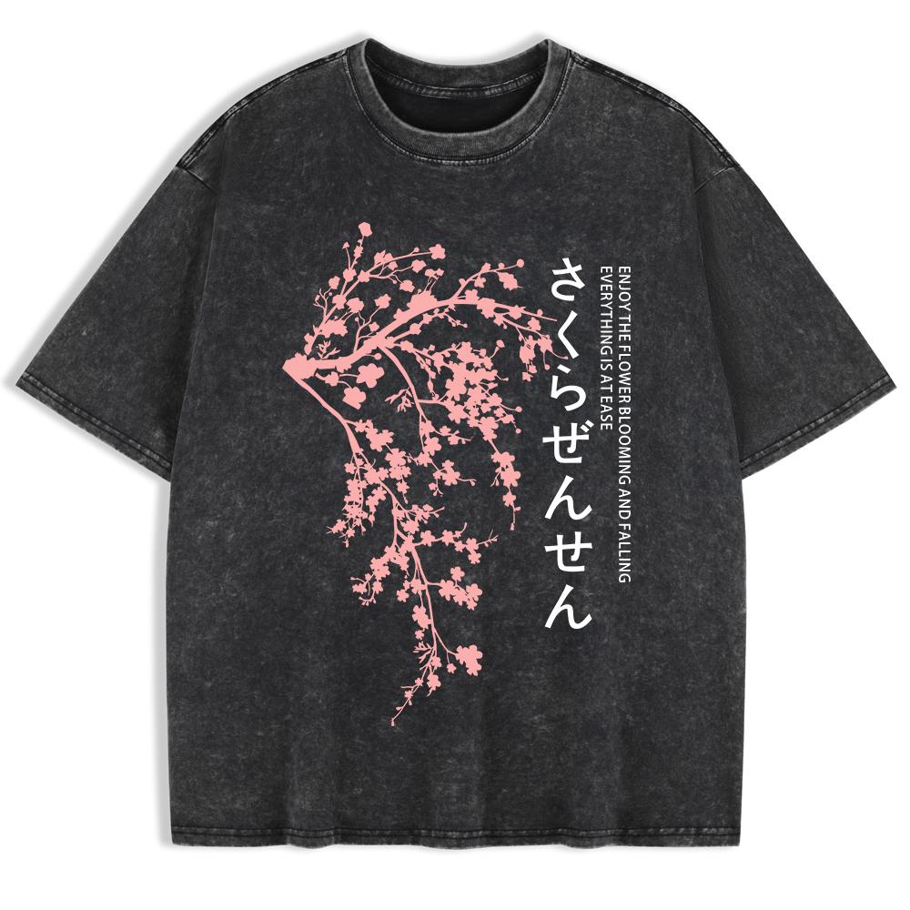 Japan Kirschblüten Aufdruck Gewaschene T-Shirts Herren Baumwolle Oversize T-Shirt Lässige O-Ausschnitt Kurzarm Oberteile Kleidung