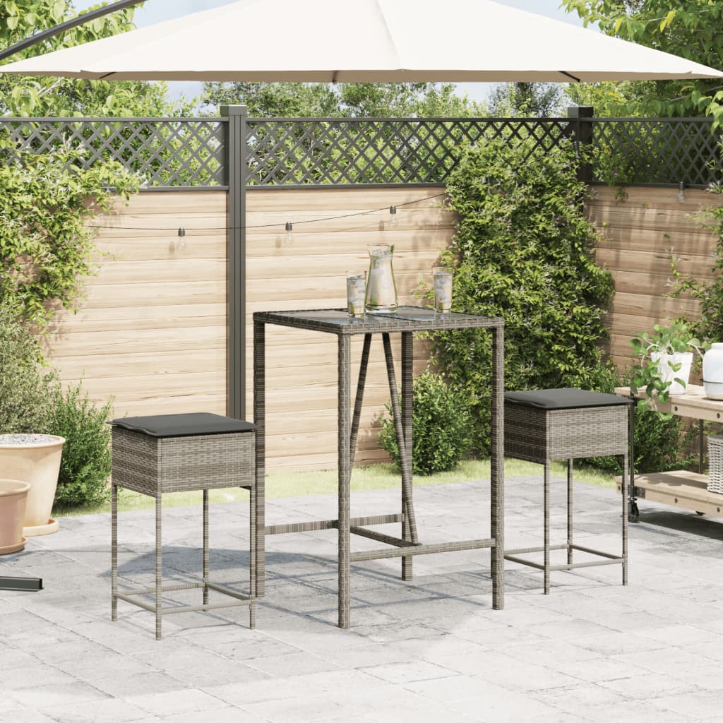 vidaXL Garden Bar Stool with Cushions 2 pcs Grey Poly Rattan