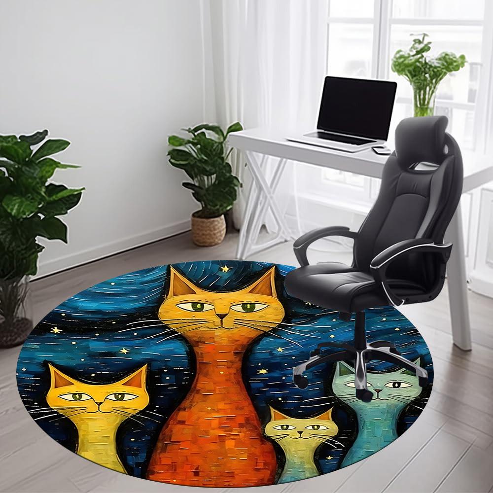 1pc Cat Family Office Round Area Rug, Indoor Mat Suitable ForOffice, Under Office Chairs Bedroom Living Room Home Decor, Room Deco D022