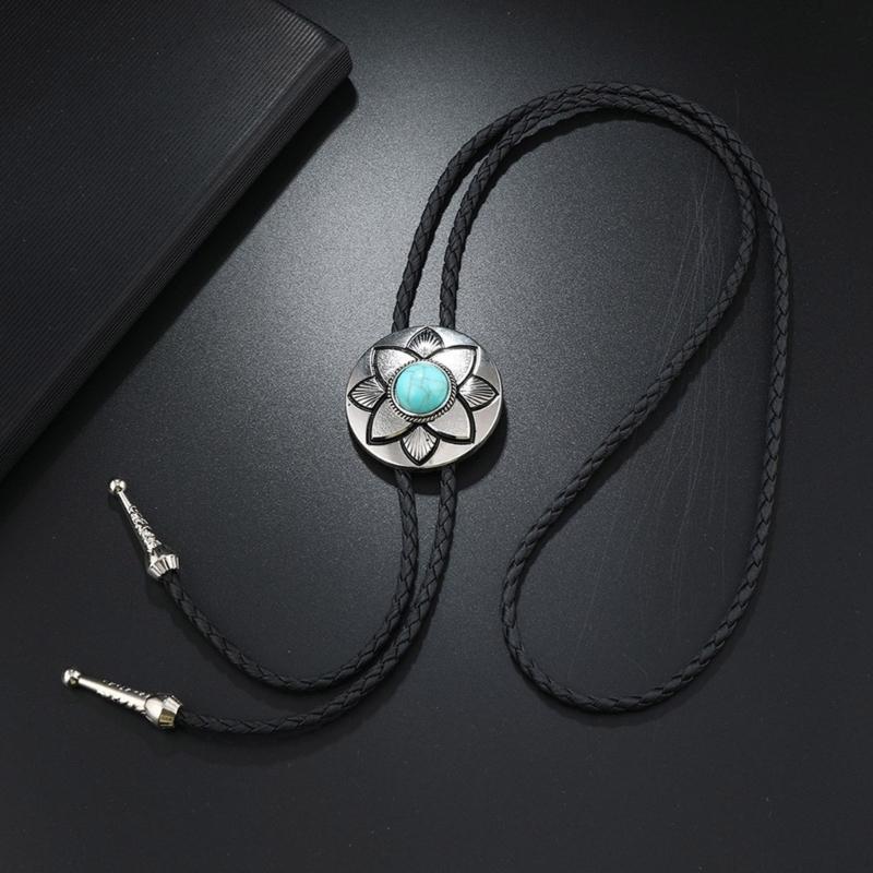 2Pcs Cowboy Bolo Tie Necktie Vintage Leather Braided Rope Necklace with Metal Flower Stone Pendant Jewelry Shirt Chain