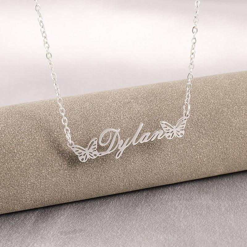 Popular Custom Butterfly Pendant Stainless Steel Jewelry Letters Name Fashion Girl Necklace Name&18inches
