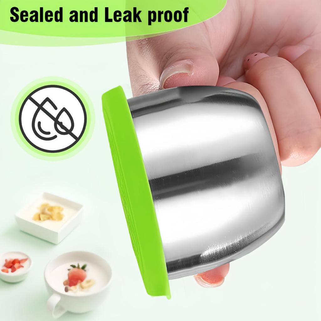Stainless Steel Sauce Cup with Silicone Lid - 304 Dipping Dish for Salad, Tomato, and Seasonings.