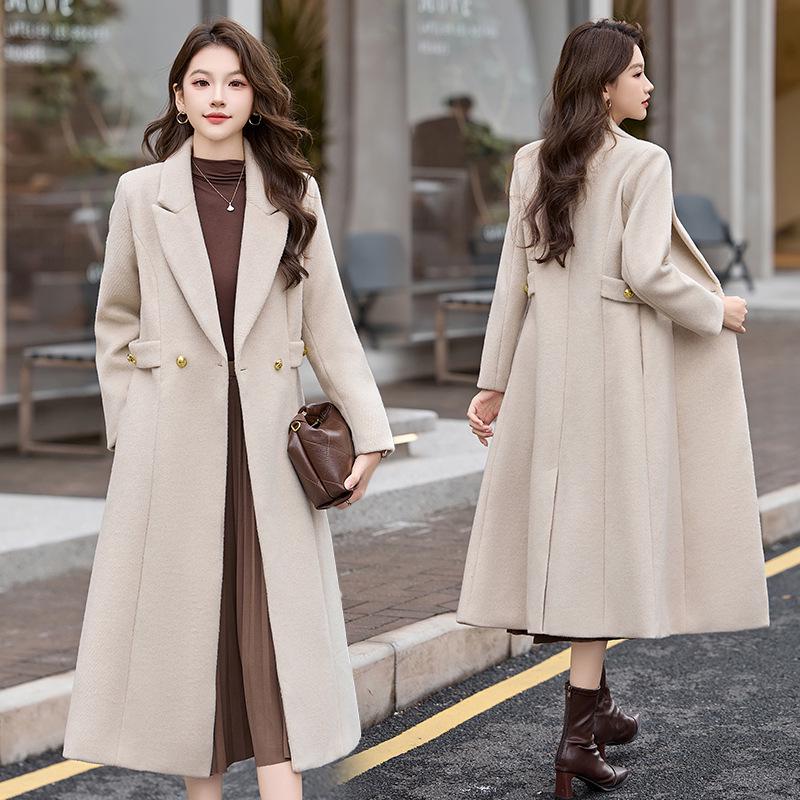 Women's Double-Breasted Lapel Wool Coat - Autumn/Winter Korean Fashion
