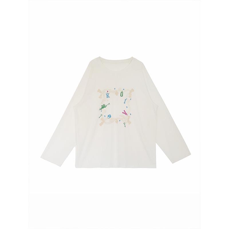

Plus Size Women s Fun Print Relaxed Fit Long Sleeve Round Neck Pullover Top XL (60-70kg) белый