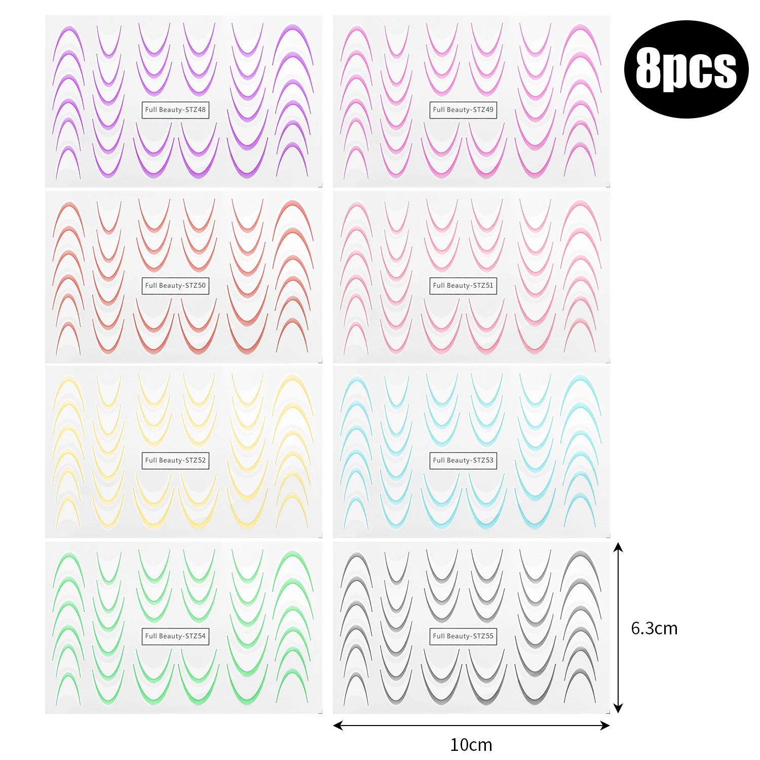

8pcs Gradient French Line Nail Stickers Set Colorful Stripe Wave Lines Designs Decals Watermark Sticker DIY Manicure Decorations