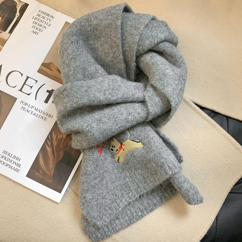 Red Scarf Women Gilrs Autumn/Winter Korean Style Cute Embroidered Dog Women Fashion Versatile Thicken Warm Knitted Neck Scarf