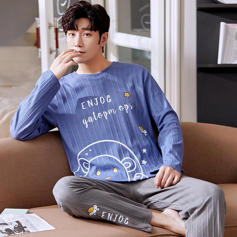 Pánský bavlněný pyžamový set plus size - Podzim/Zima S dlouhým rukávem a kalhotami Domácí oblečení
