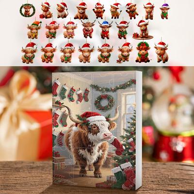 2025 Christmas Advent Calendar 24 Days Countdown 2D Acrylic Highland Cow Pendant Ornament for Car Home Window Decor Xmas Gift