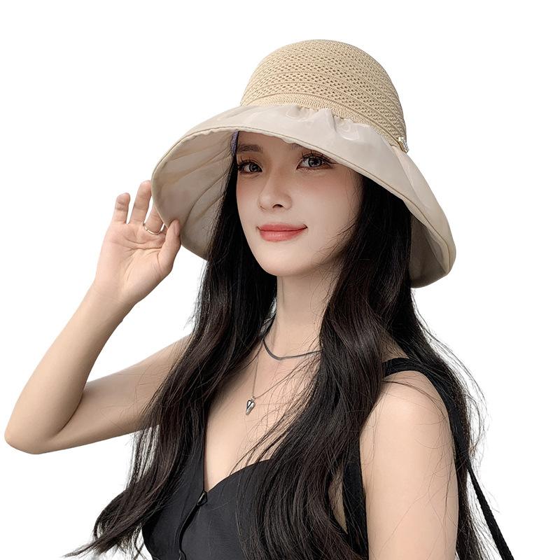 Summer hat women's fashion knitted mesh bucket hat summer sunshade sun hat empty top bow