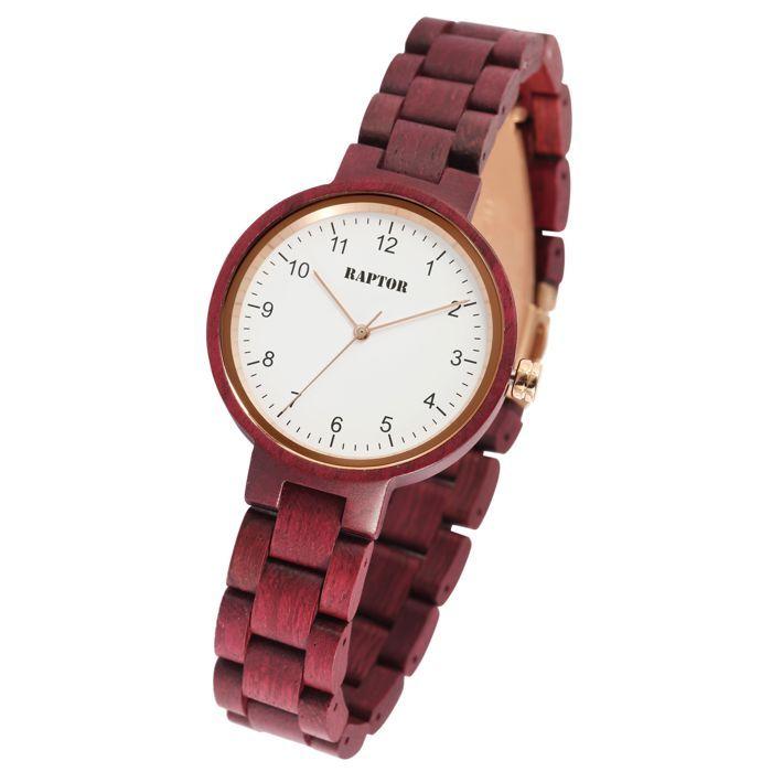 Montre bracelet - RAPTOR - Sherin - Rouge - Bracelet bois d'amarante - Boîtier 38 mm quartz