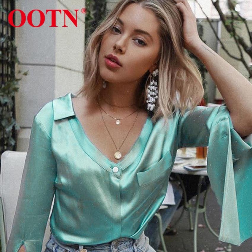 Buy OOTN Flare Sleeve Satin Blouse Sexy 