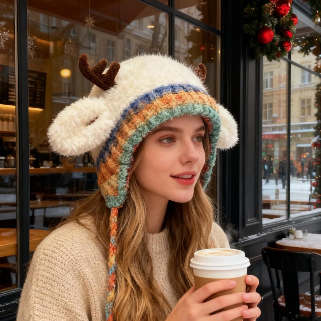 Christmas Antler Hat Windproof Knit Beanie Reindeer Warm Hat for Women Girls Teens Children Travel Holiday Outdoor