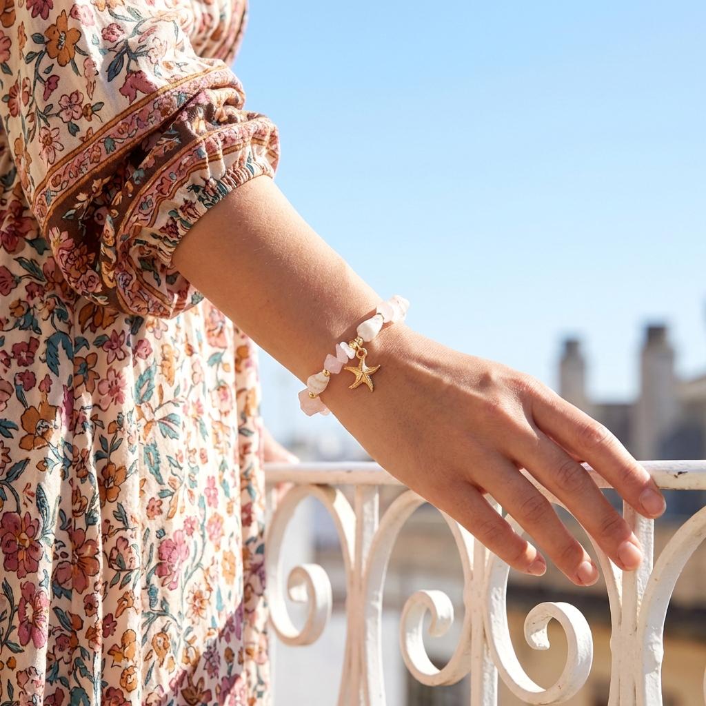 Handmade Gravel Starfish Pendant Bracelet for Women Girls Bohemian Elegant Crushed Stone Beaded Bracelet Summer Beach Jewelry