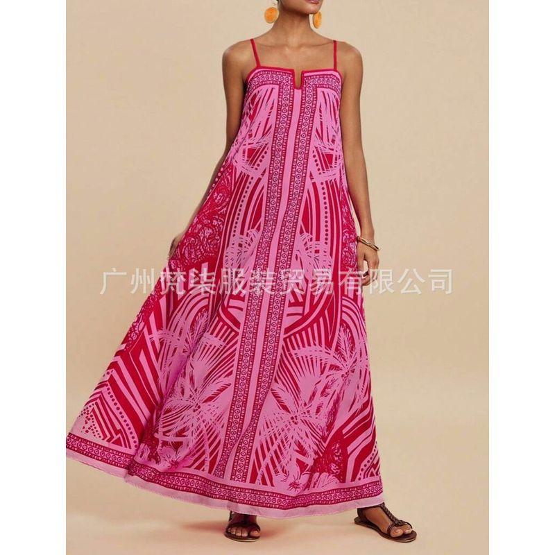 

European and American Summer New Women clothes Print Sling Dress Seaside Vacation Long dress Pink XL