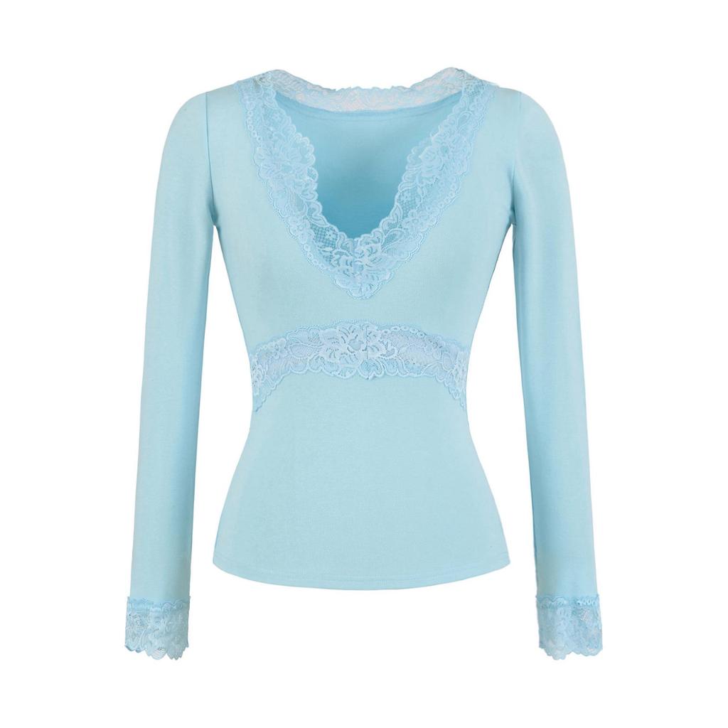 Elegant Deep V-Neck Long-Sleeve Slim-Fit Lace Patchwork Top - Spring/Summer 2026