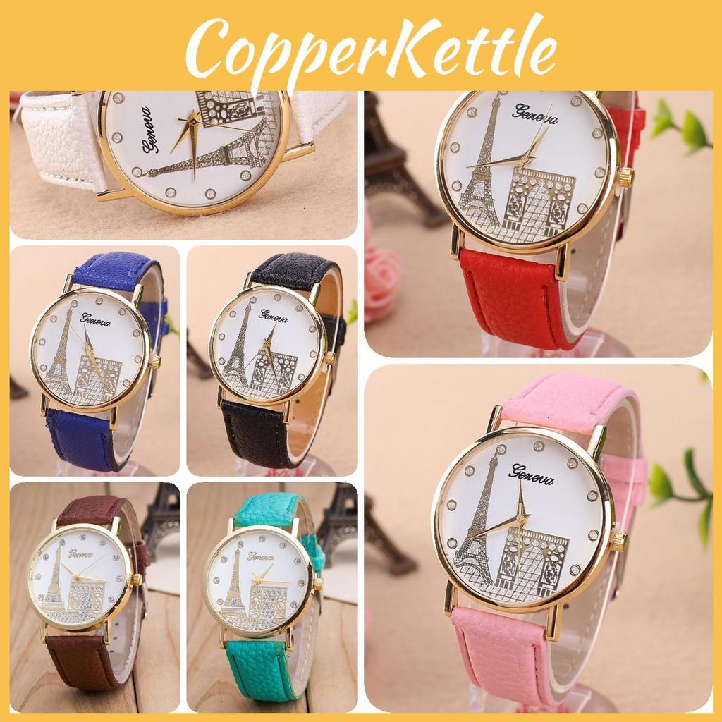 Elegant European Style Geneva Eiffel Tower Water Crystal Quartz Watch With Pu Strap