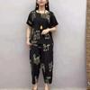 Popular Summer Hemp Short-sleeved Mother's Clothing for Middle-aged and Elderly People, Large Size, Casual, Western Style, Loose Two-piece Trendy Suit