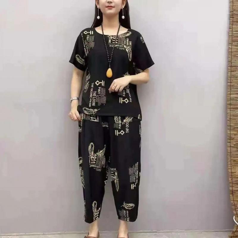 Popular Summer Hemp Short-sleeved Mother's Clothing for Middle-aged and Elderly People, Large Size, Casual, Western Style, Loose Two-piece Trendy Suit
