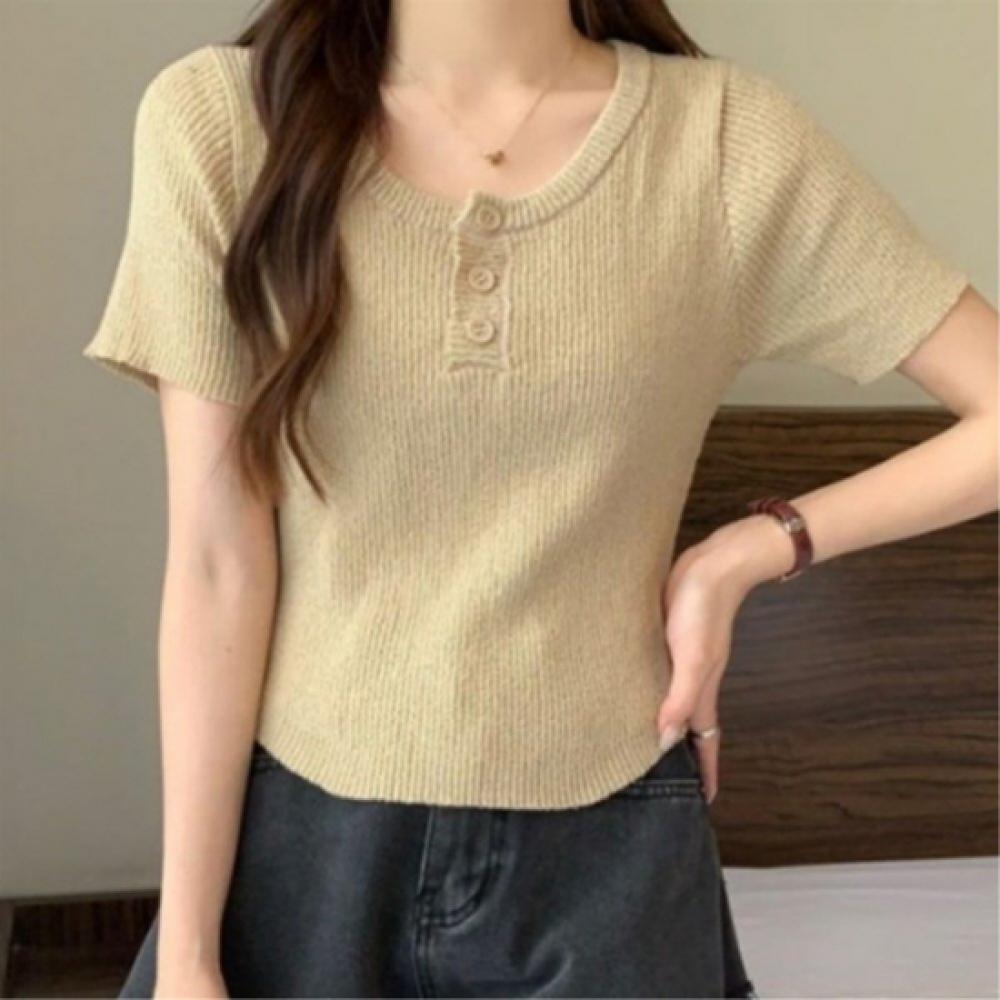 New Arrivals Open Run Women Basic Round Neck Button Short Sleeve Knit Rib