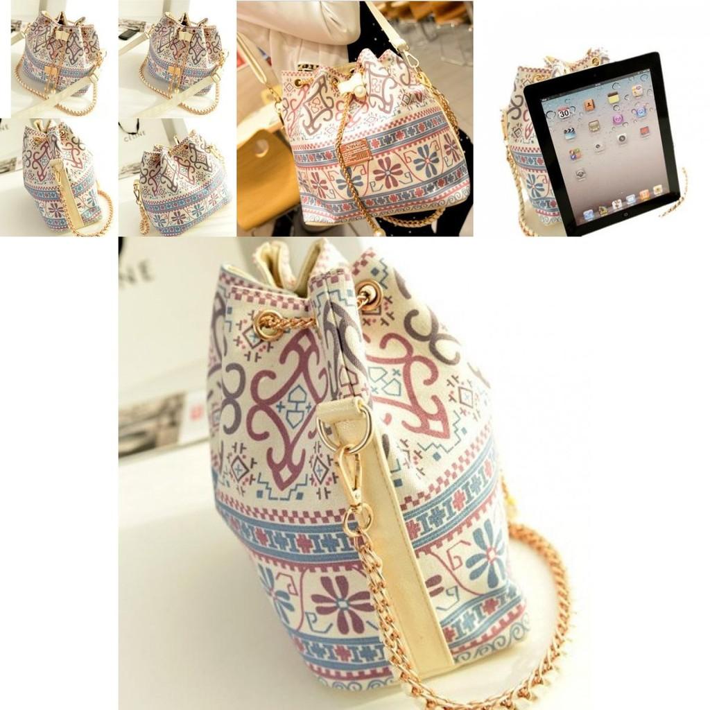Oxford Canvas Bucket Bag For Women With Flower Print Design And Chain For Daily Use
