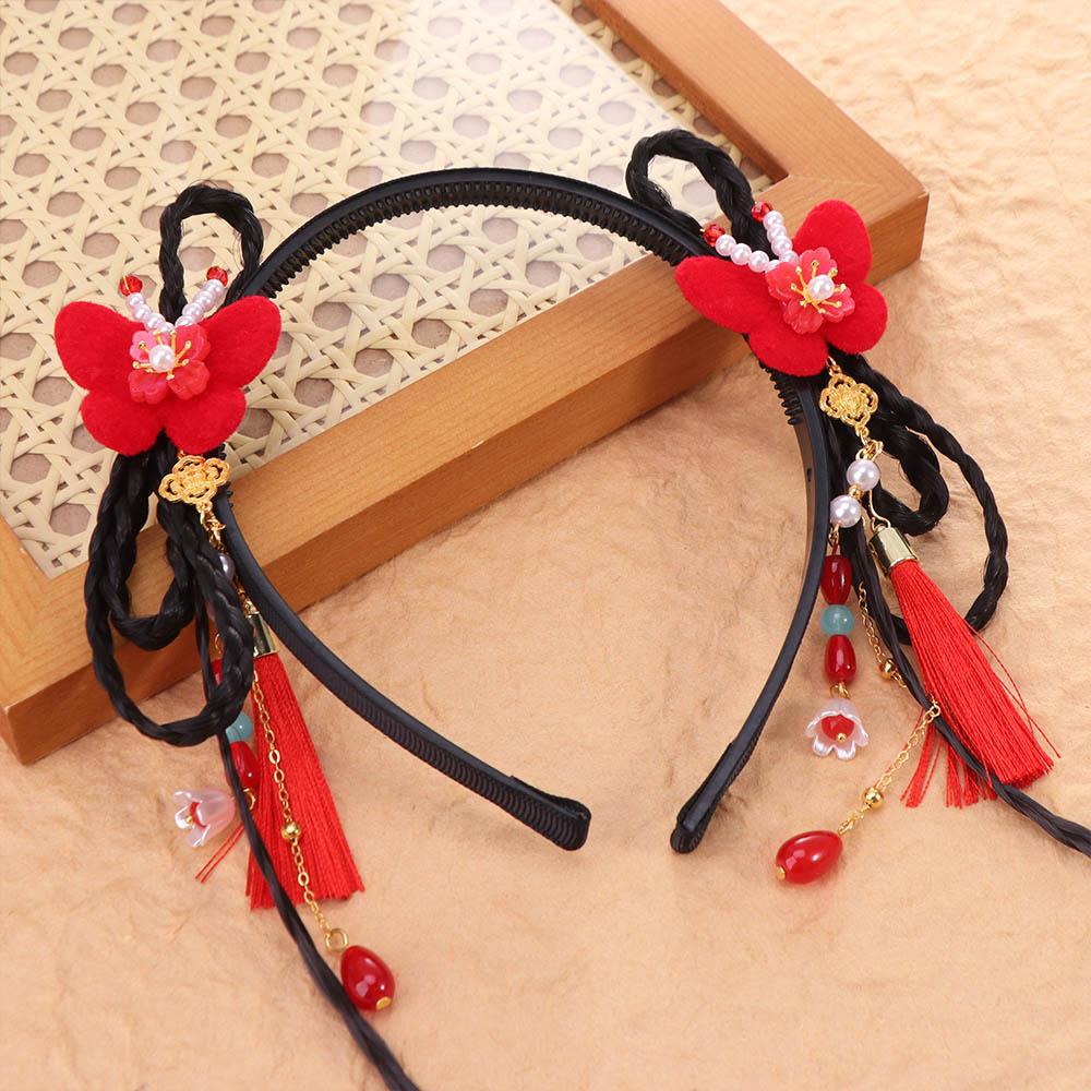 Chinese Style Hanfu Wig Headband Pearl New Year Headwear Flower Tassel Headband Children