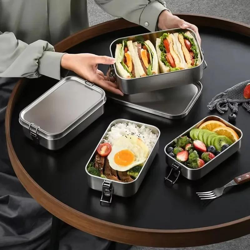 304 Stainless Steel Lunch Box with Bamboo Wooden Lid Japanese Style Bento Box Portable Leak-Proof Picnic Food Storage Container