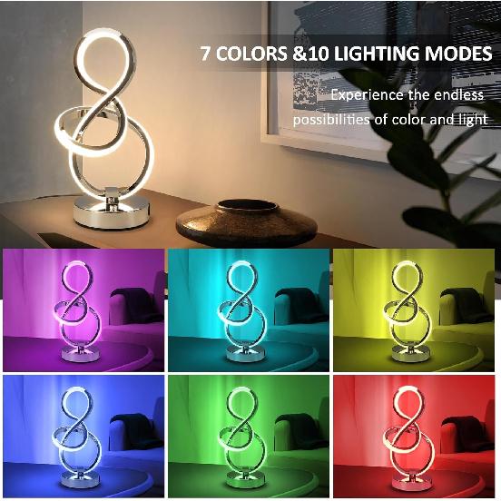 Modern Spiral Table Lamp, 7 Colors 10 Light Modes LED Nightstand Small Lamp with USB C+A Ports, Touch Dimmable Lamps for Living Room Bedroom Bedside,