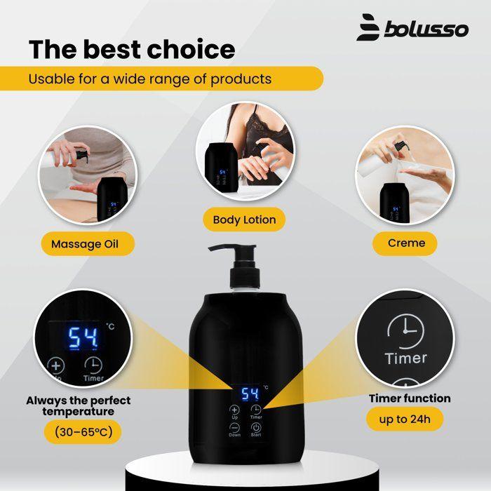 Chauffe-huile de massage - BOLUSSO - Chauffe-Huile Massage - 3 huiles (Coco, Rose, Cacao) - 2 distributeurs - Temp. 30–65°C