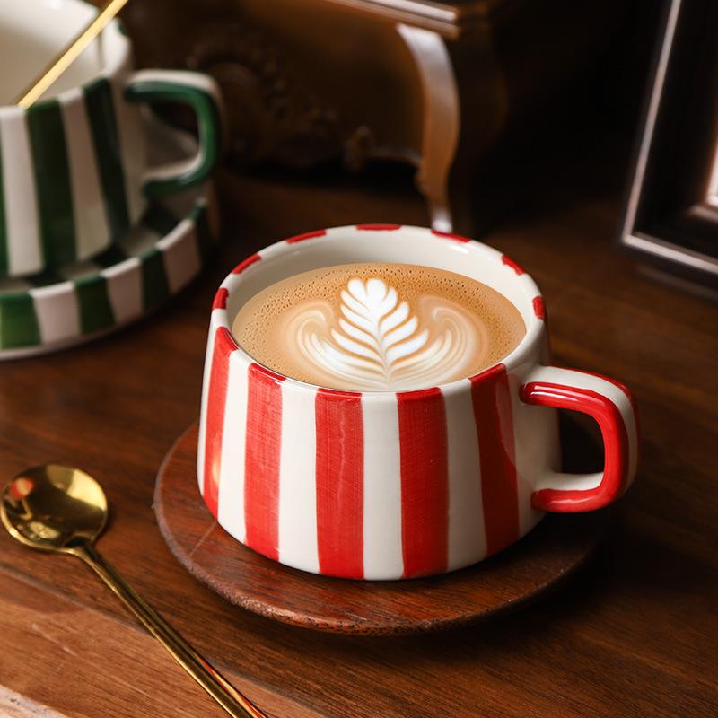 1SET Simple Hand-painted Striped Ceramic Mug Creative Multi-color Gift Cup Home Practical Coffee Cup Saucer