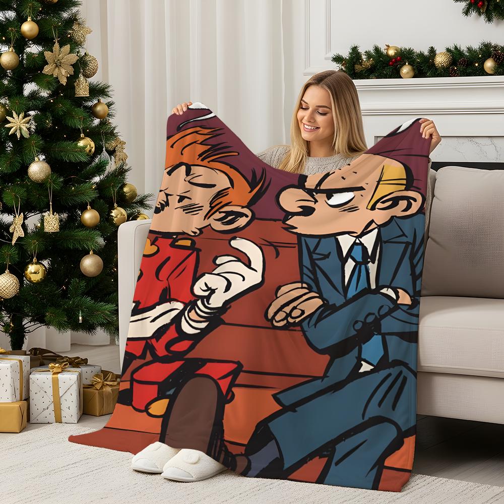 Cartoon S-Spirou et Fantasio Throw Flannel Blanket Perfect for Sofa Office Bed Travel Sleep Read Relax Camping four season use 75X95CM