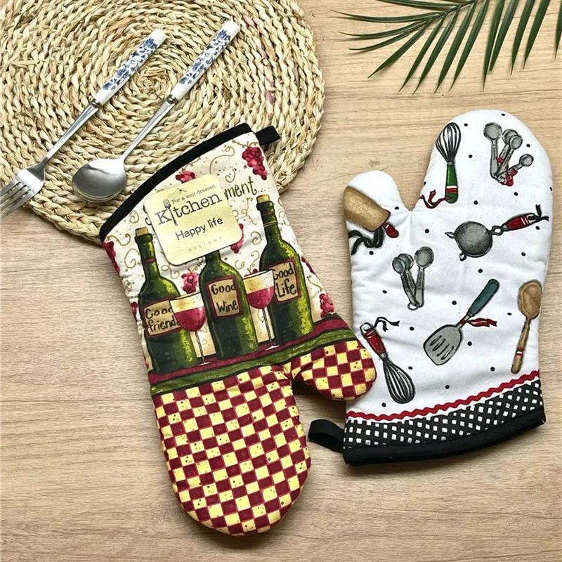 1Pc 18x33cm Cotton Retro Printed Thicken Kitchen Baking Oven Mitts Anti-Hot Microwave Insulation Glove Pad